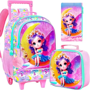 AGSDON 3PCS Kids Rolling Backpack, Girls Roller Wheels Bookbag, Wheeled Elementary School Bag with Lunch Bag - Mermaid