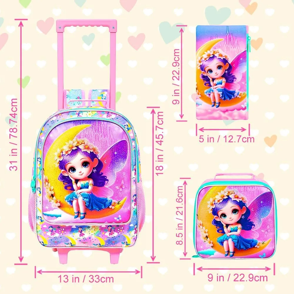 AGSDON 3PCS Kids Rolling Backpack, Girls Roller Wheels Bookbag, Wheeled Elementary School Bag with Lunch Bag - Mermaid