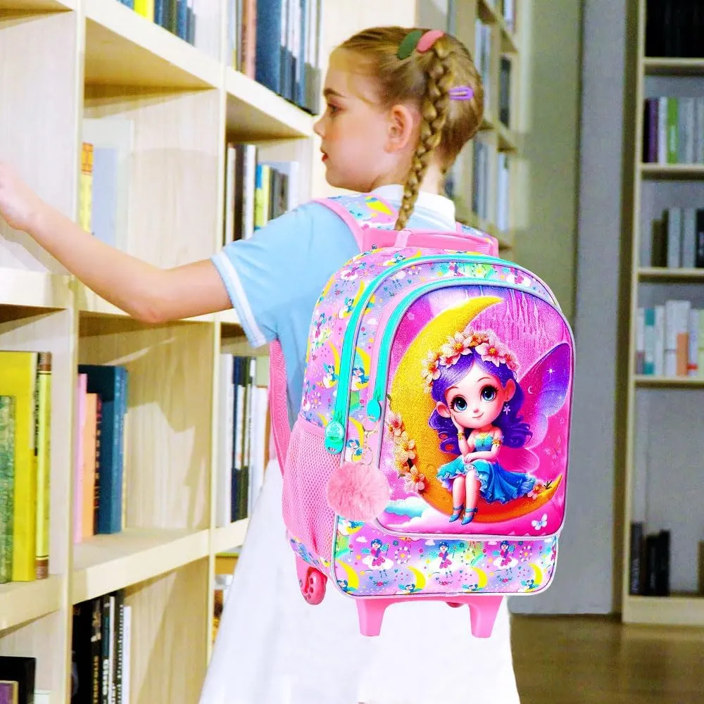 AGSDON 3PCS Kids Rolling Backpack, Girls Roller Wheels Bookbag, Wheeled Elementary School Bag with Lunch Bag - Mermaid
