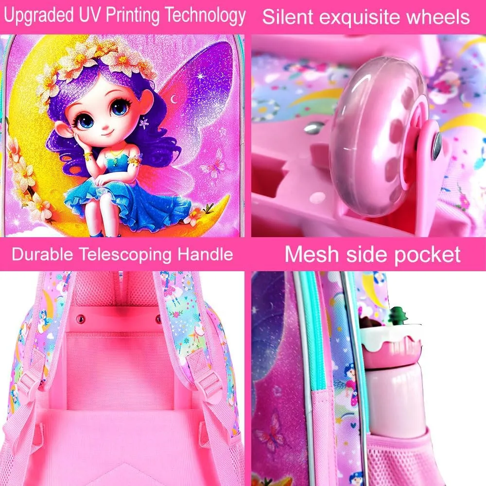 AGSDON 3PCS Kids Rolling Backpack, Girls Roller Wheels Bookbag, Wheeled Elementary School Bag with Lunch Bag - Mermaid