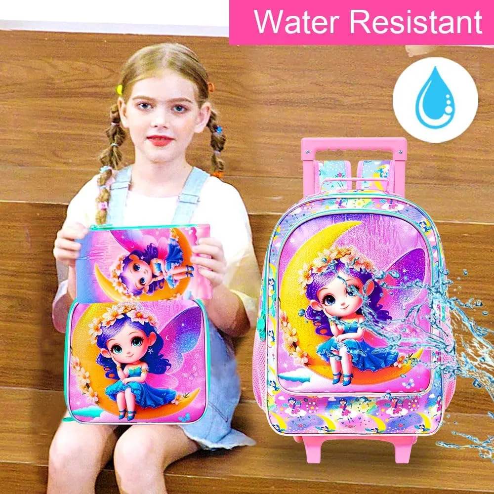 AGSDON 3PCS Kids Rolling Backpack, Girls Roller Wheels Bookbag, Wheeled Elementary School Bag with Lunch Bag - Mermaid