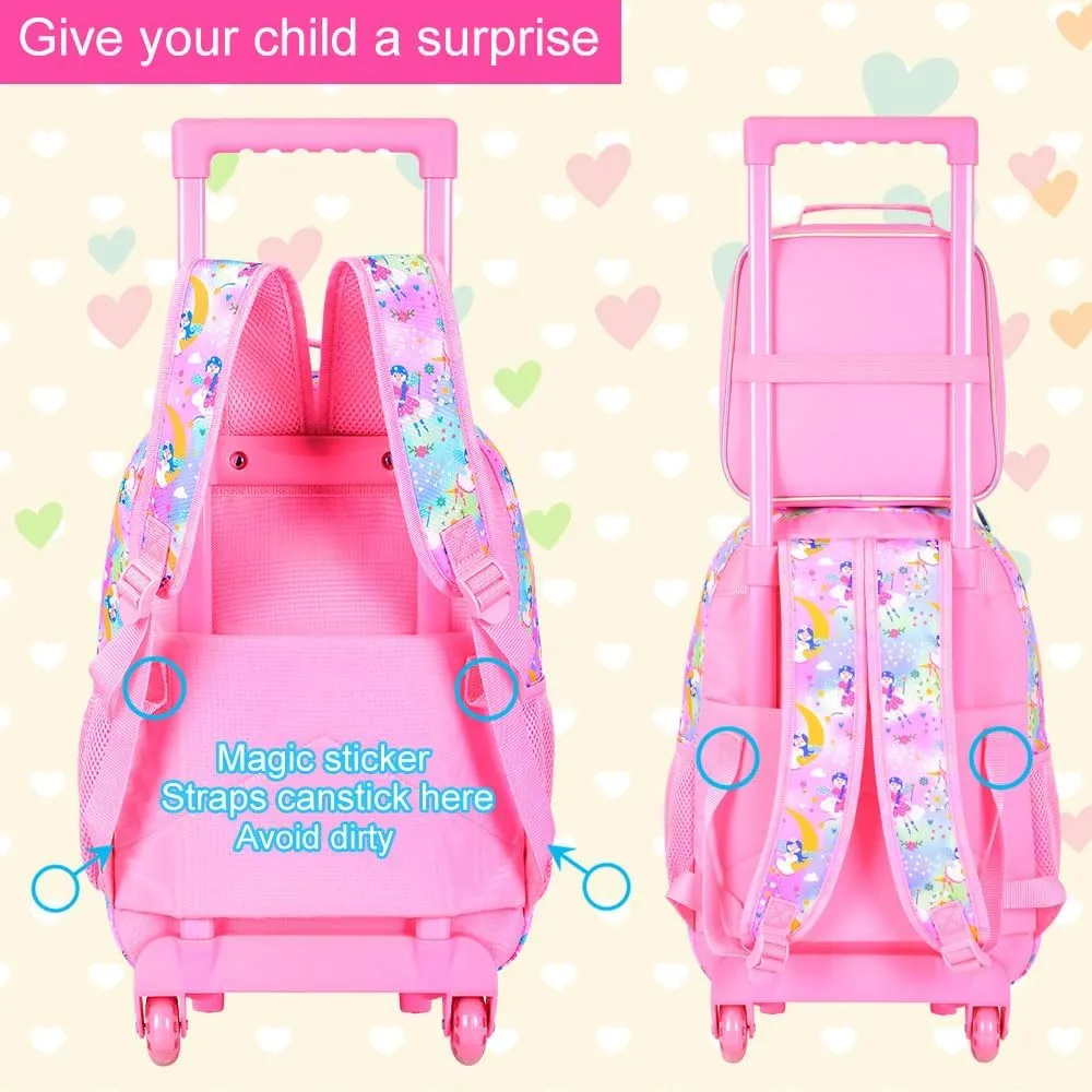 AGSDON 3PCS Kids Rolling Backpack, Girls Roller Wheels Bookbag, Wheeled Elementary School Bag with Lunch Bag - Mermaid