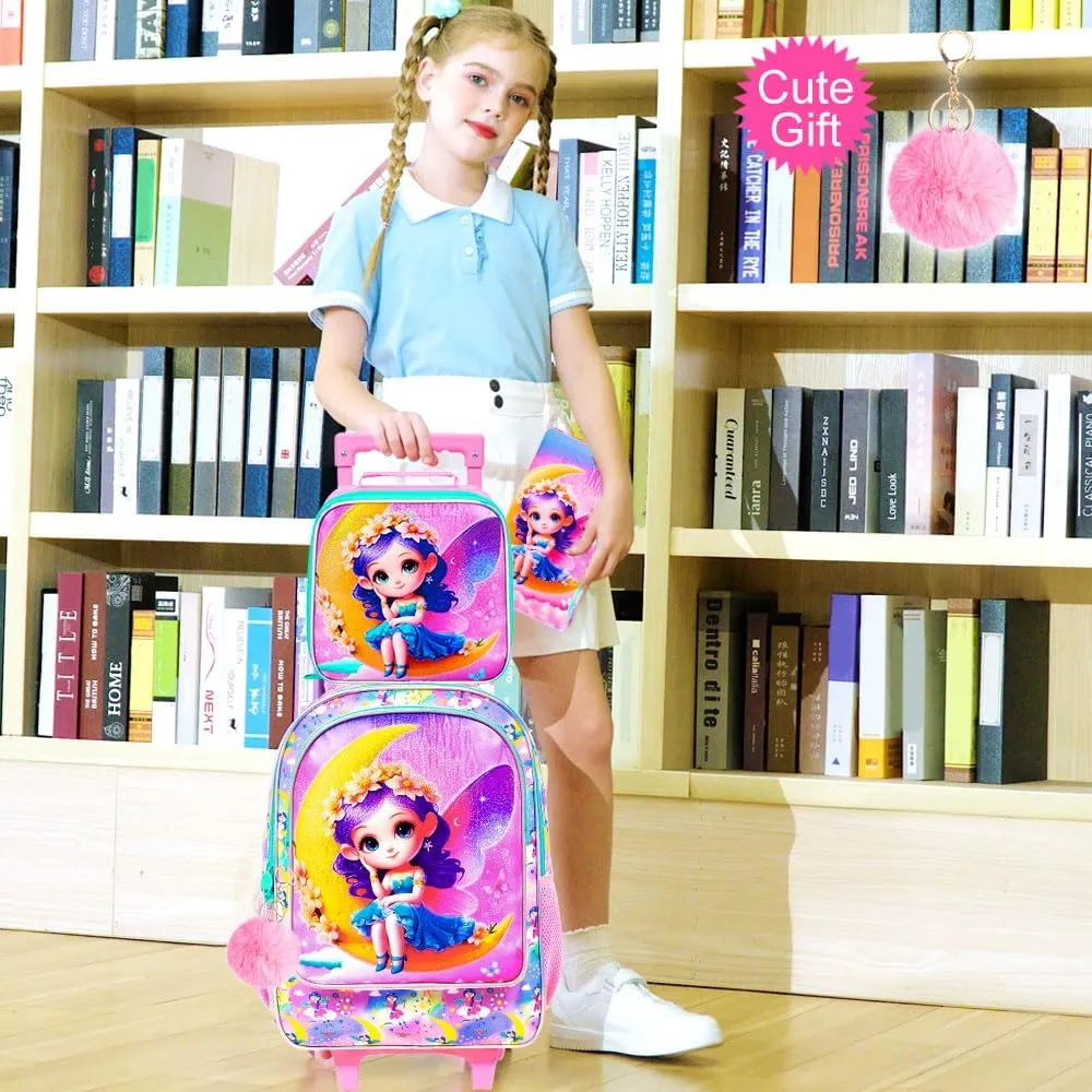 AGSDON 3PCS Kids Rolling Backpack, Girls Roller Wheels Bookbag, Wheeled Elementary School Bag with Lunch Bag - Mermaid