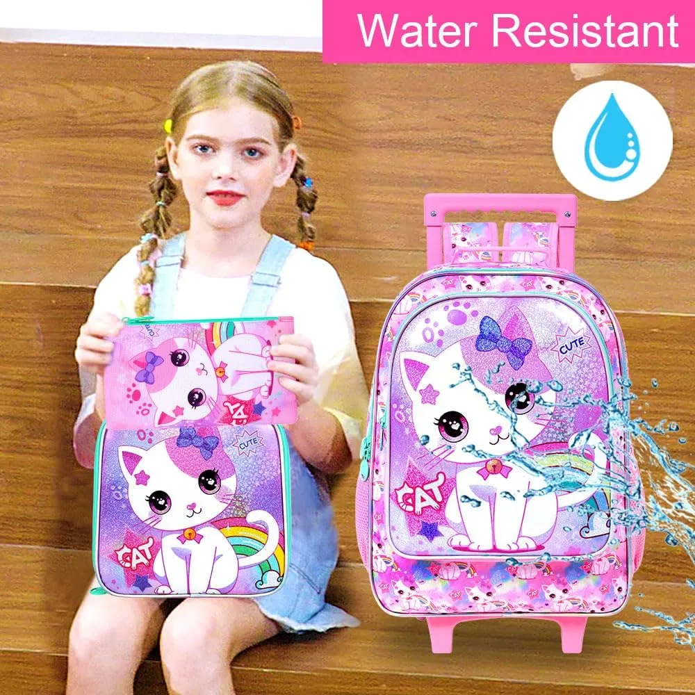 AGSDON 3PCS Kids Rolling Backpack, Girls Roller Wheels Bookbag, Wheeled Elementary School Bag with Lunch Bag - White Cat