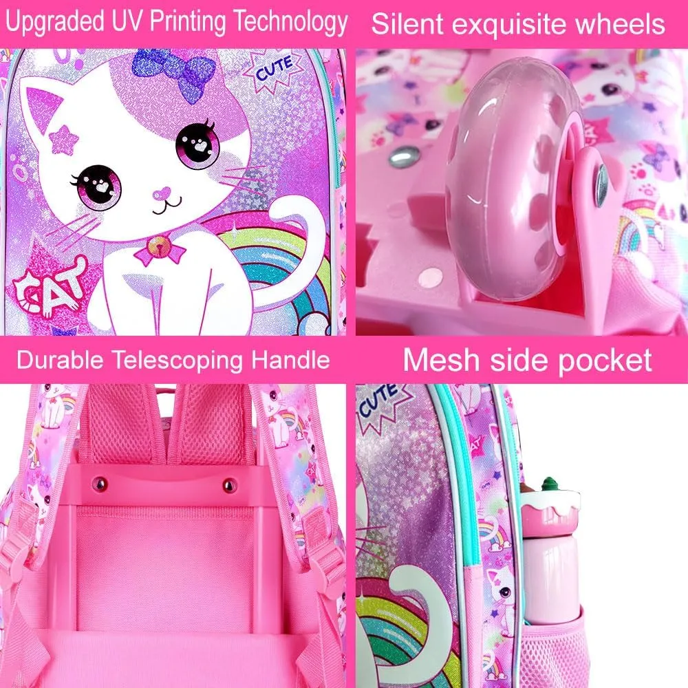 AGSDON 3PCS Kids Rolling Backpack, Girls Roller Wheels Bookbag, Wheeled Elementary School Bag with Lunch Bag - White Cat