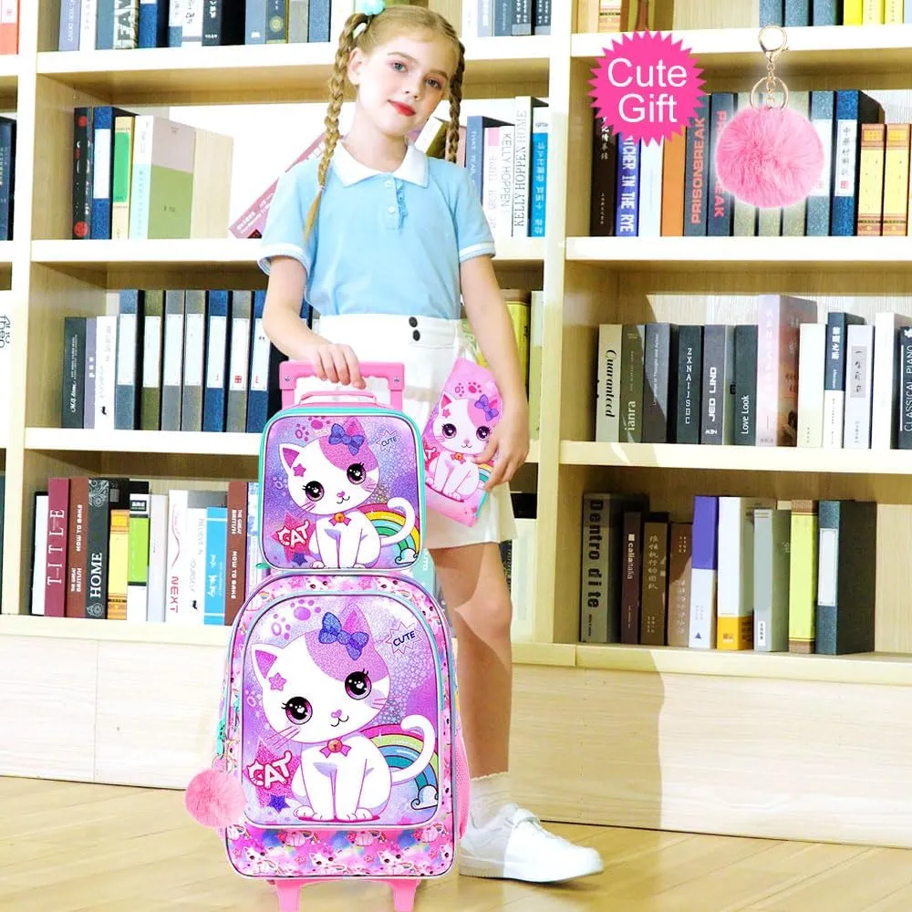 AGSDON 3PCS Kids Rolling Backpack, Girls Roller Wheels Bookbag, Wheeled Elementary School Bag with Lunch Bag - White Cat