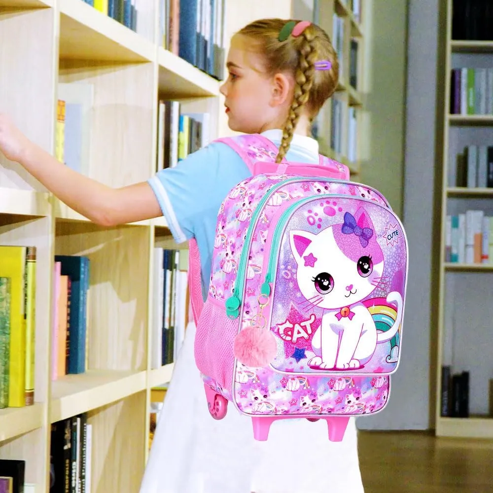 AGSDON 3PCS Kids Rolling Backpack, Girls Roller Wheels Bookbag, Wheeled Elementary School Bag with Lunch Bag - White Cat