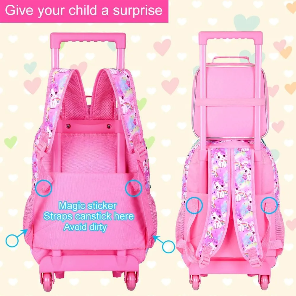 AGSDON 3PCS Kids Rolling Backpack, Girls Roller Wheels Bookbag, Wheeled Elementary School Bag with Lunch Bag - White Cat