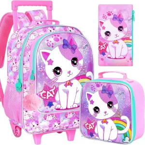 AGSDON 3PCS Kids Rolling Backpack, Girls Roller Wheels Bookbag, Wheeled Elementary School Bag with Lunch Bag - White Cat