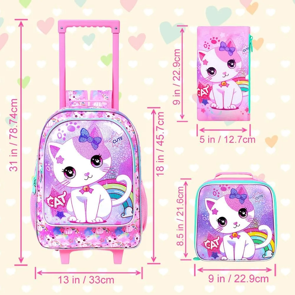 AGSDON 3PCS Kids Rolling Backpack, Girls Roller Wheels Bookbag, Wheeled Elementary School Bag with Lunch Bag - White Cat