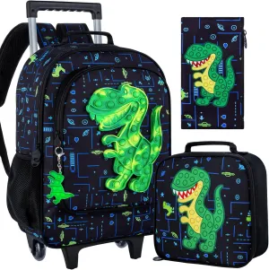 AGSDON 3PCS Rolling Backpack for Boys, Kids Roller Wheels Bookbag, Wheeled School Bag with Lunch Bag - Dinosaur Green