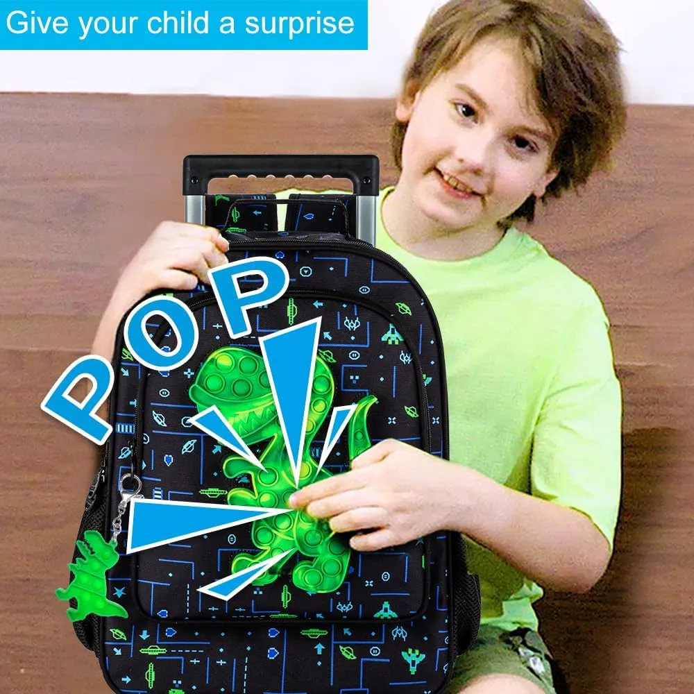 AGSDON 3PCS Rolling Backpack for Boys, Kids Roller Wheels Bookbag, Wheeled School Bag with Lunch Bag - Dinosaur Green