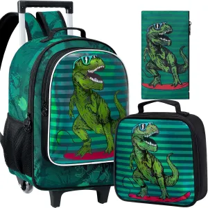 AGSDON 3PCS Rolling Backpack For Boys,Kids Roller Wheels Bookbag, Wheeled Elementary School Bag with Lunch Bag-Green Dinosau