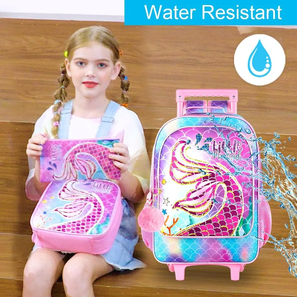 AGSDON 3PCS Rolling Backpack for Girls and Boys, Kids Roller Wheels Bookbag, Wheeled Elementary School Bag with Lunch Bag