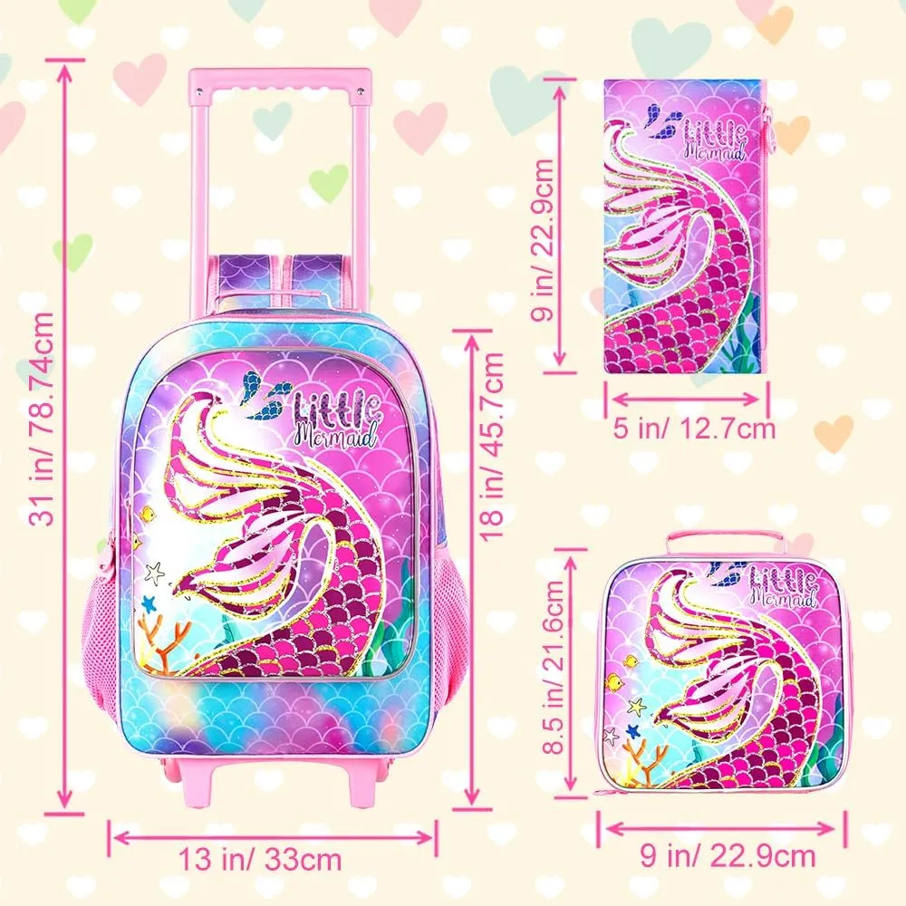 AGSDON 3PCS Rolling Backpack for Girls and Boys, Kids Roller Wheels Bookbag, Wheeled Elementary School Bag with Lunch Bag
