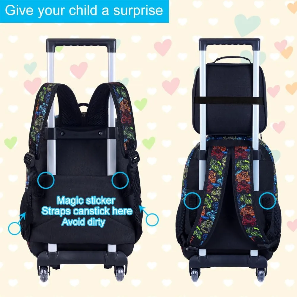 AGSDON 3PCS Rolling Backpack for Girls and Boys, Kids Roller Wheels Bookbag, Wheeled Elementary School Bag with Lunch Bag