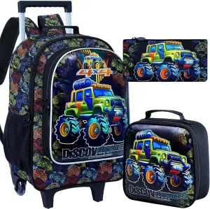 AGSDON 3PCS Rolling Backpack for Girls and Boys, Kids Roller Wheels Bookbag, Wheeled Elementary School Bag with Lunch Bag