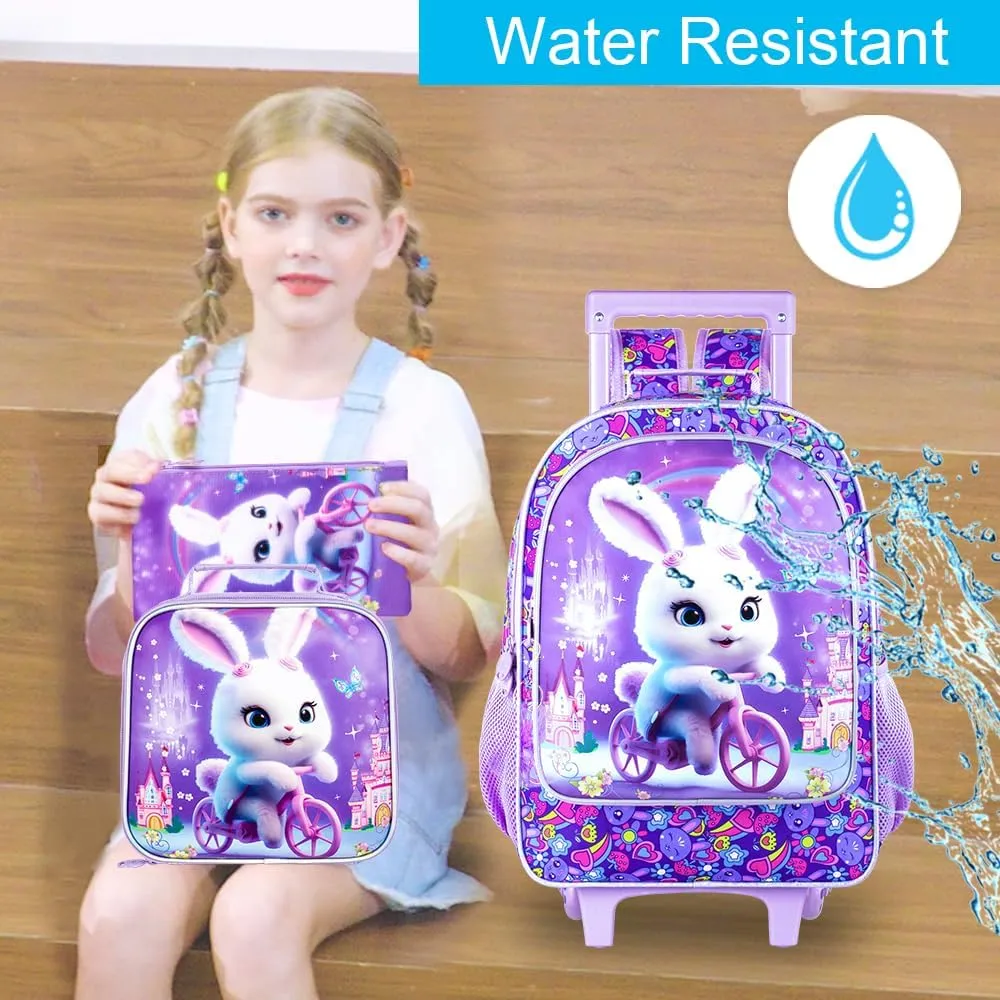 AGSDON 3PCS Rolling Backpack for Girls and Boys, Kids Roller Wheels Bookbag, Wheeled Elementary School Bag with Lunch Bag