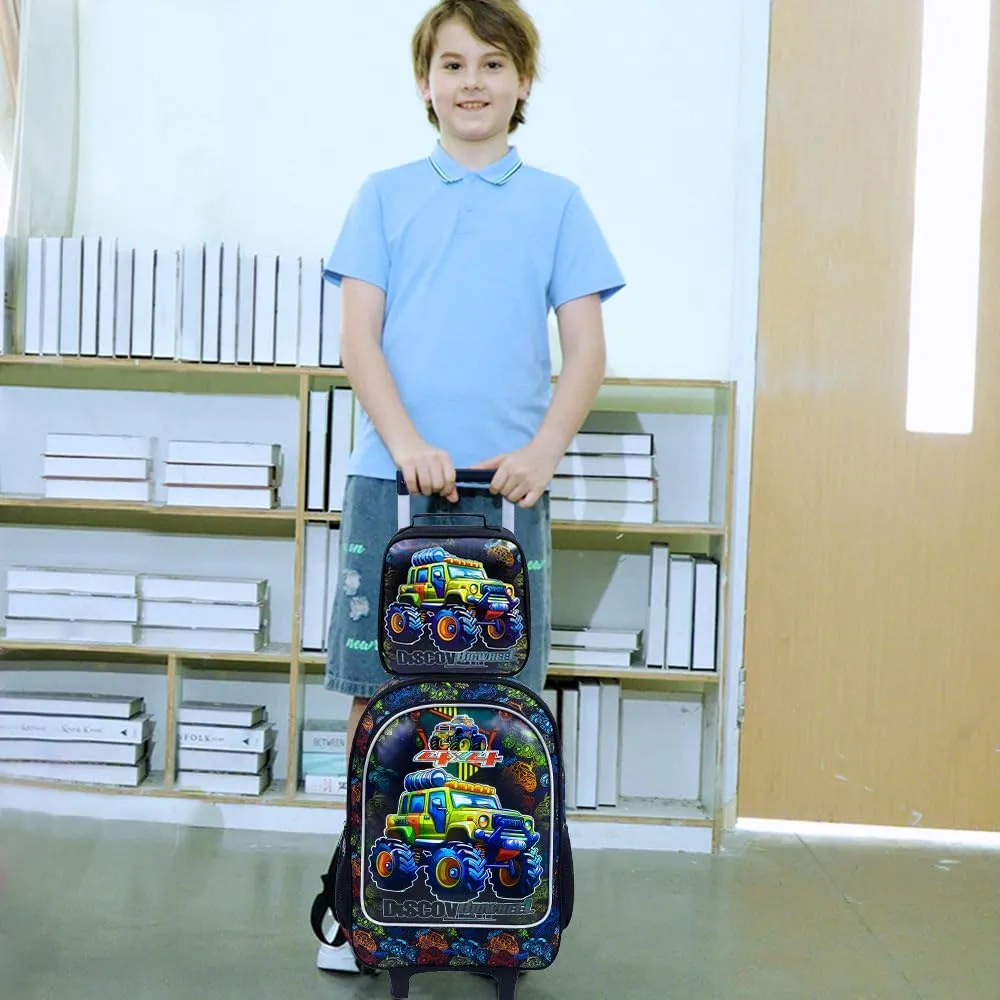AGSDON 3PCS Rolling Backpack for Girls and Boys, Kids Roller Wheels Bookbag, Wheeled Elementary School Bag with Lunch Bag