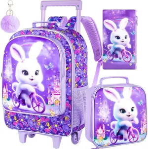 AGSDON 3PCS Rolling Backpack for Girls and Boys, Kids Roller Wheels Bookbag, Wheeled Elementary School Bag with Lunch Bag