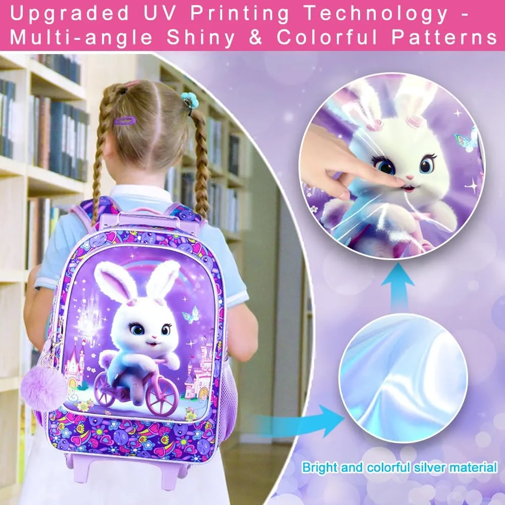 AGSDON 3PCS Rolling Backpack for Girls and Boys, Kids Roller Wheels Bookbag, Wheeled Elementary School Bag with Lunch Bag