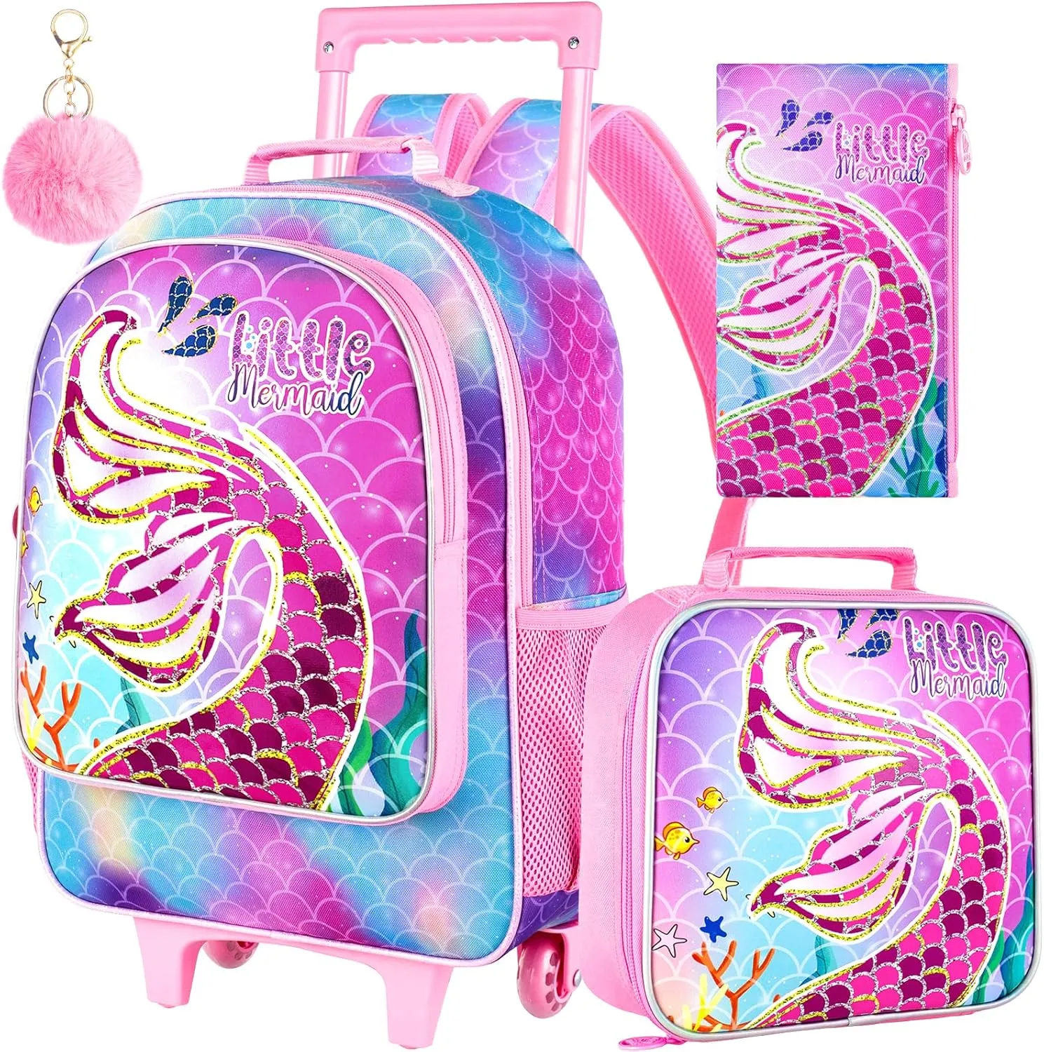 AGSDON 3PCS Rolling Backpack for Girls and Boys, Kids Roller Wheels Bookbag, Wheeled Elementary School Bag with Lunch Bag