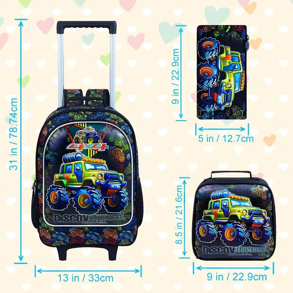AGSDON 3PCS Rolling Backpack for Girls and Boys, Kids Roller Wheels Bookbag, Wheeled Elementary School Bag with Lunch Bag