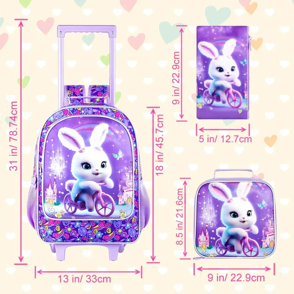 AGSDON 3PCS Rolling Backpack for Girls and Boys, Kids Roller Wheels Bookbag, Wheeled Elementary School Bag with Lunch Bag