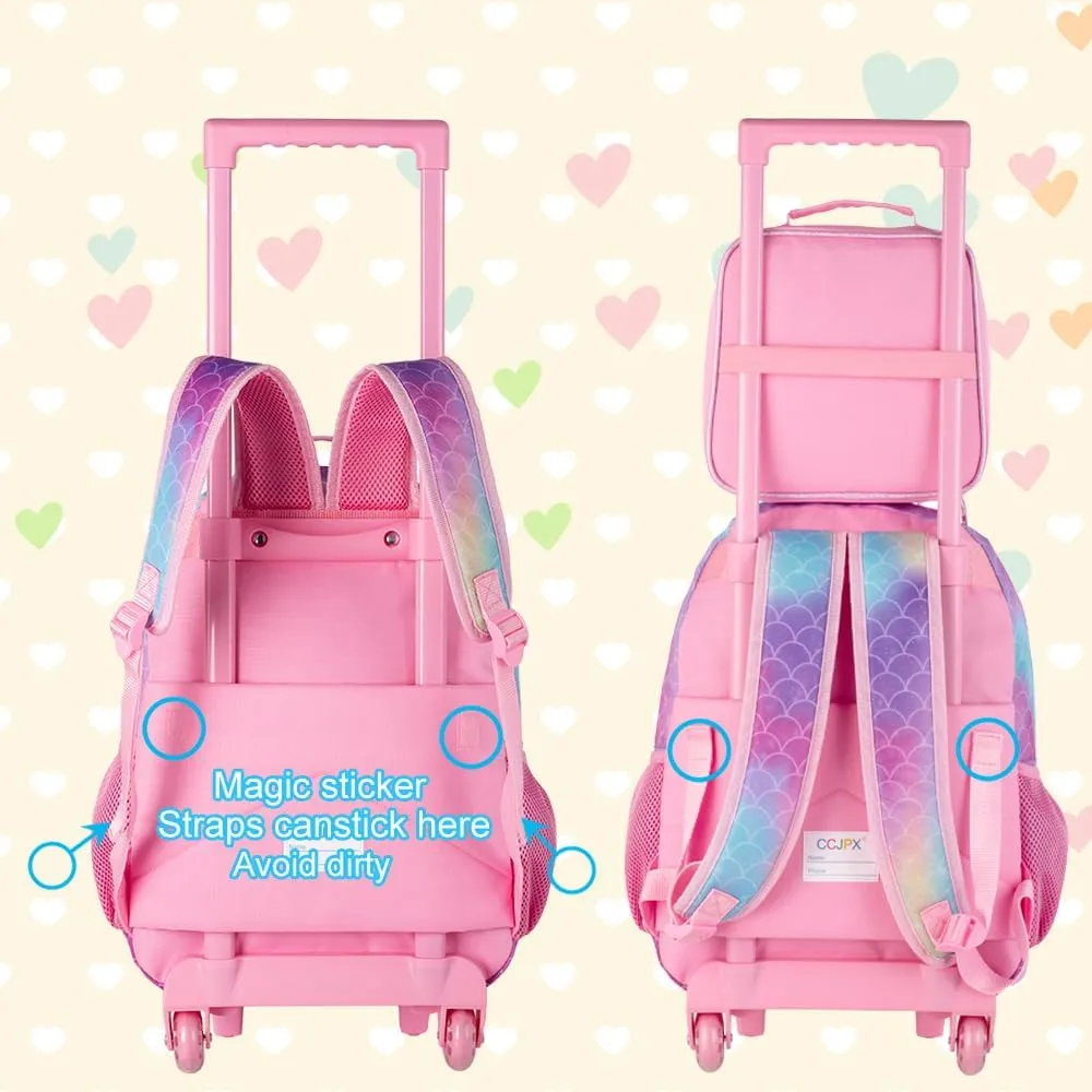 AGSDON 3PCS Rolling Backpack for Girls and Boys, Kids Roller Wheels Bookbag, Wheeled Elementary School Bag with Lunch Bag