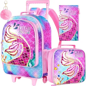 AGSDON 3PCS Rolling Backpack for Girls and Boys, Kids Roller Wheels Bookbag, Wheeled Elementary School Bag with Lunch Bag
