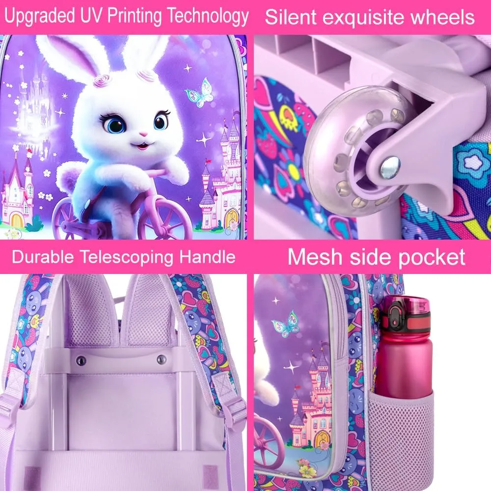 AGSDON 3PCS Rolling Backpack for Girls and Boys, Kids Roller Wheels Bookbag, Wheeled Elementary School Bag with Lunch Bag