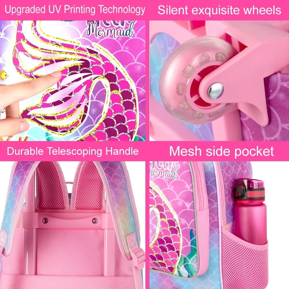 AGSDON 3PCS Rolling Backpack for Girls and Boys, Kids Roller Wheels Bookbag, Wheeled Elementary School Bag with Lunch Bag