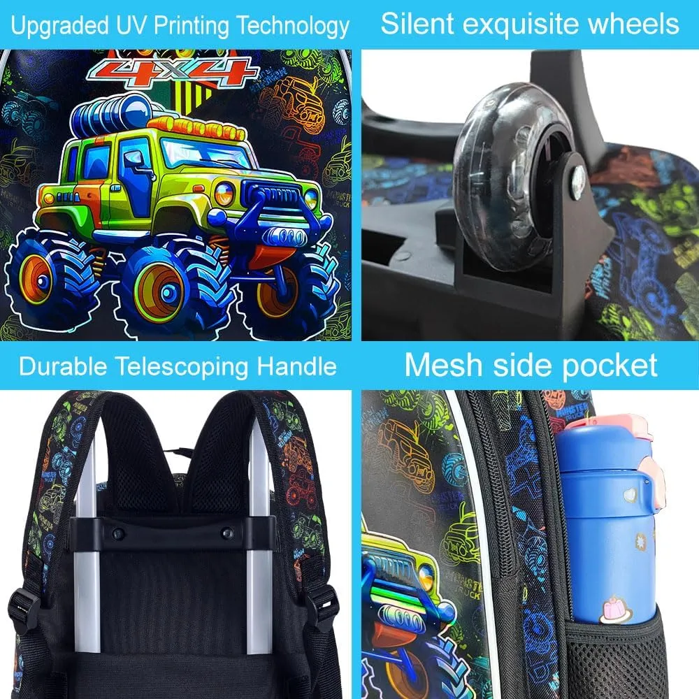 AGSDON 3PCS Rolling Backpack for Girls and Boys, Kids Roller Wheels Bookbag, Wheeled Elementary School Bag with Lunch Bag