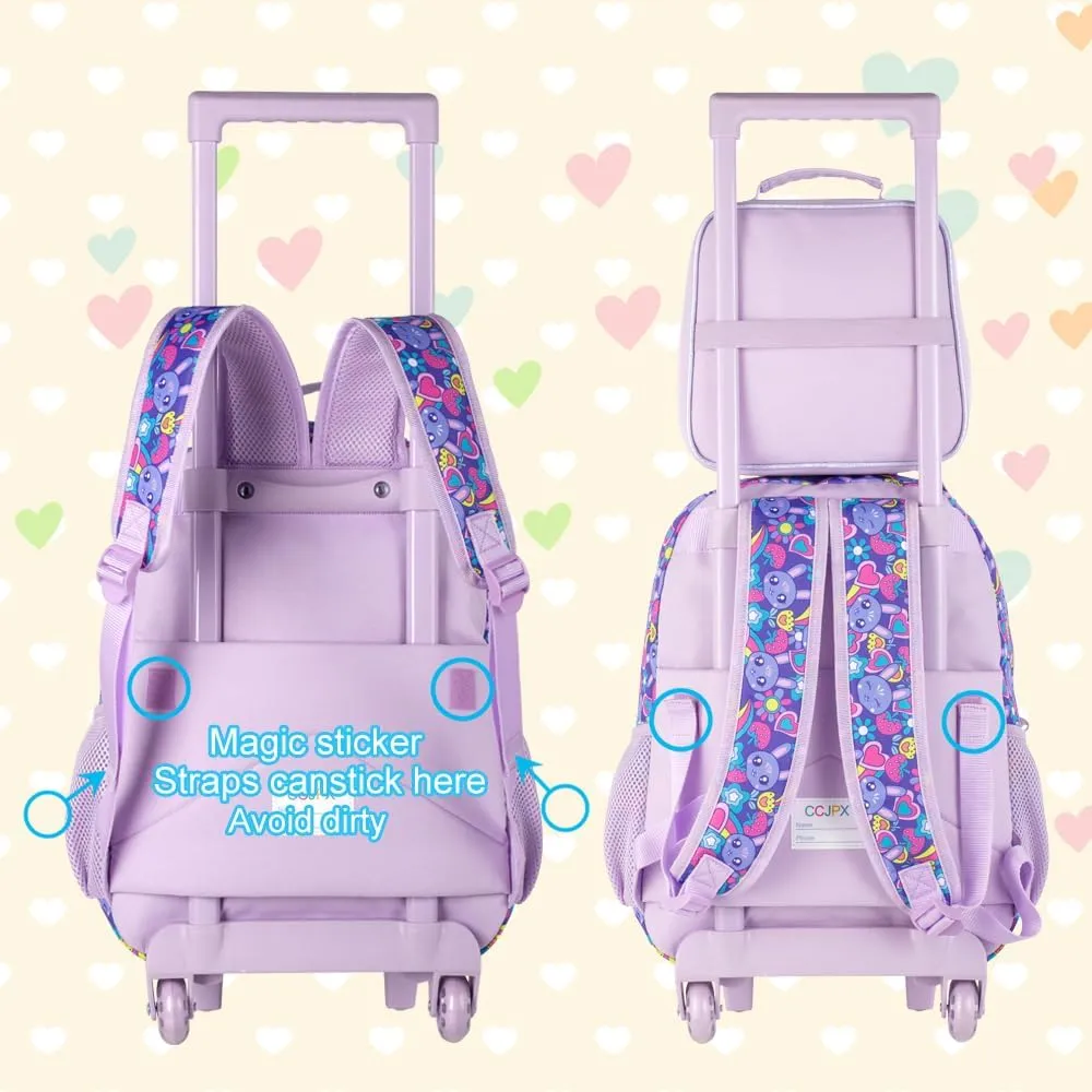 AGSDON 3PCS Rolling Backpack for Girls and Boys, Kids Roller Wheels Bookbag, Wheeled Elementary School Bag with Lunch Bag