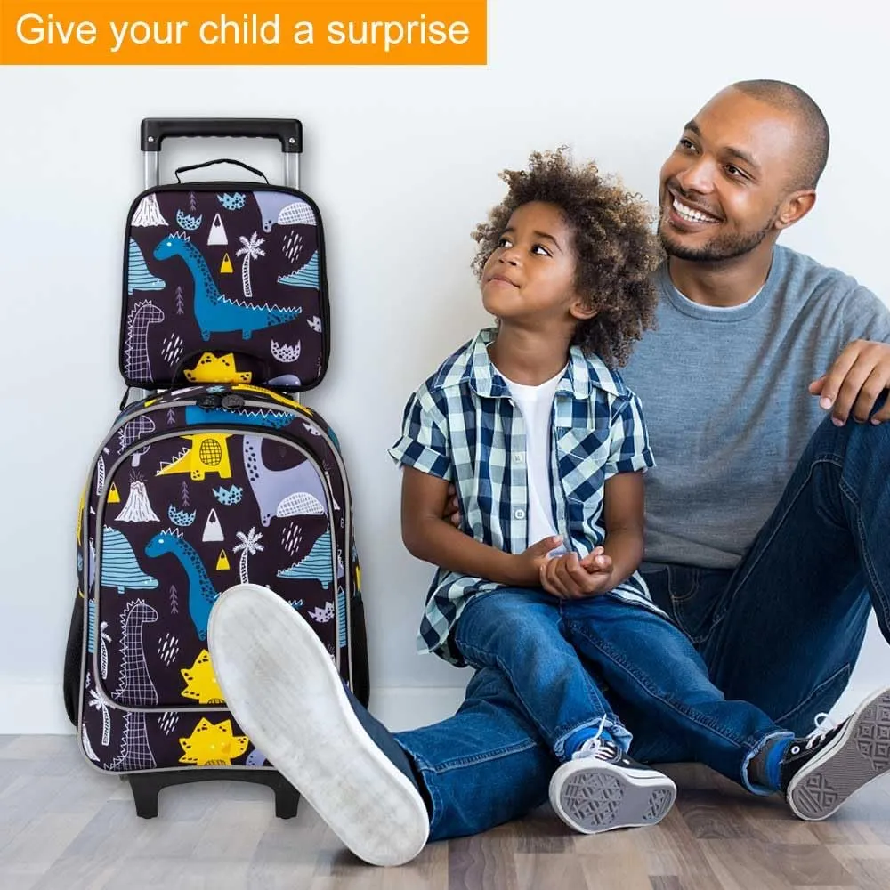 AGSDON 3PCS Rolling Backpack for Girls Boys, Kids Roller Wheels Bookbag, Wheeled School Bag with Lunch Bag