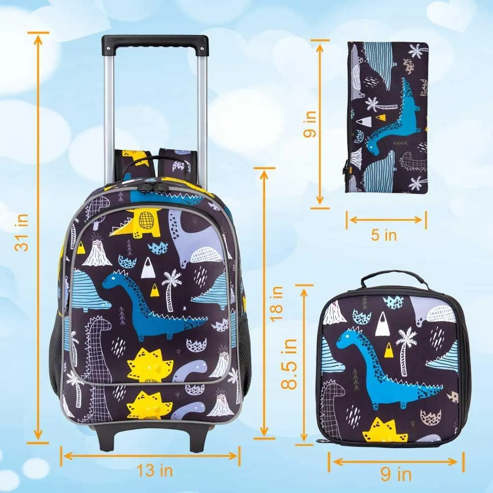 AGSDON 3PCS Rolling Backpack for Girls Boys, Kids Roller Wheels Bookbag, Wheeled School Bag with Lunch Bag