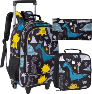 AGSDON 3PCS Rolling Backpack for Girls Boys, Kids Roller Wheels Bookbag, Wheeled School Bag with Lunch Bag