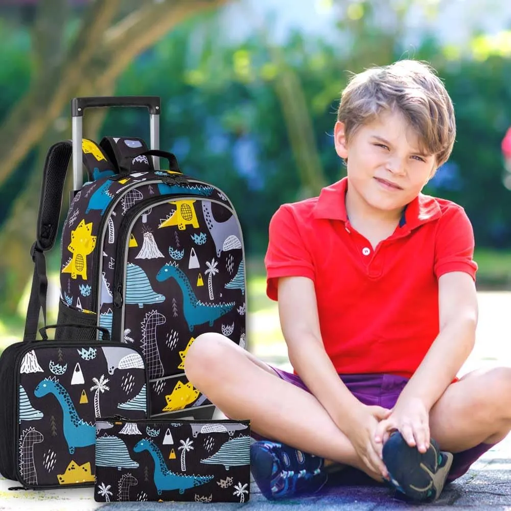 AGSDON 3PCS Rolling Backpack for Girls Boys, Kids Roller Wheels Bookbag, Wheeled School Bag with Lunch Bag