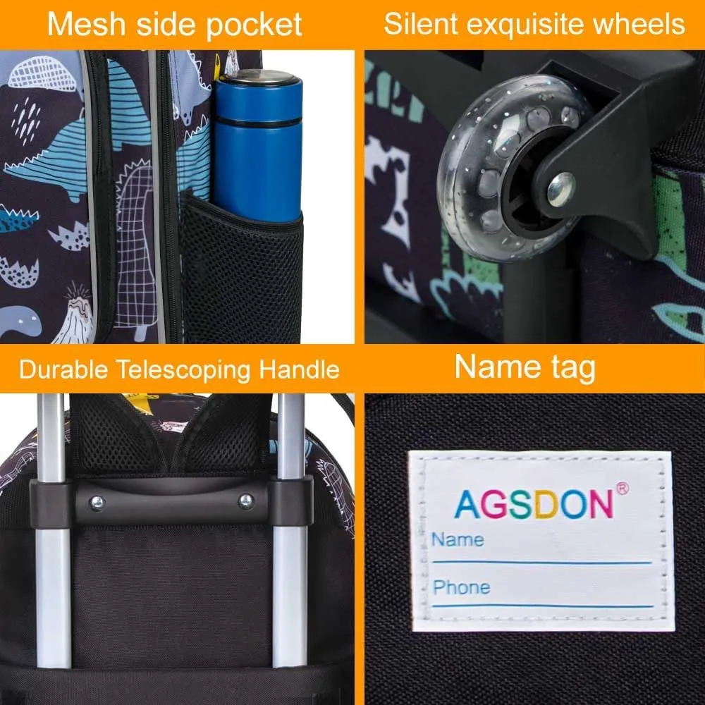 AGSDON 3PCS Rolling Backpack for Girls Boys, Kids Roller Wheels Bookbag, Wheeled School Bag with Lunch Bag