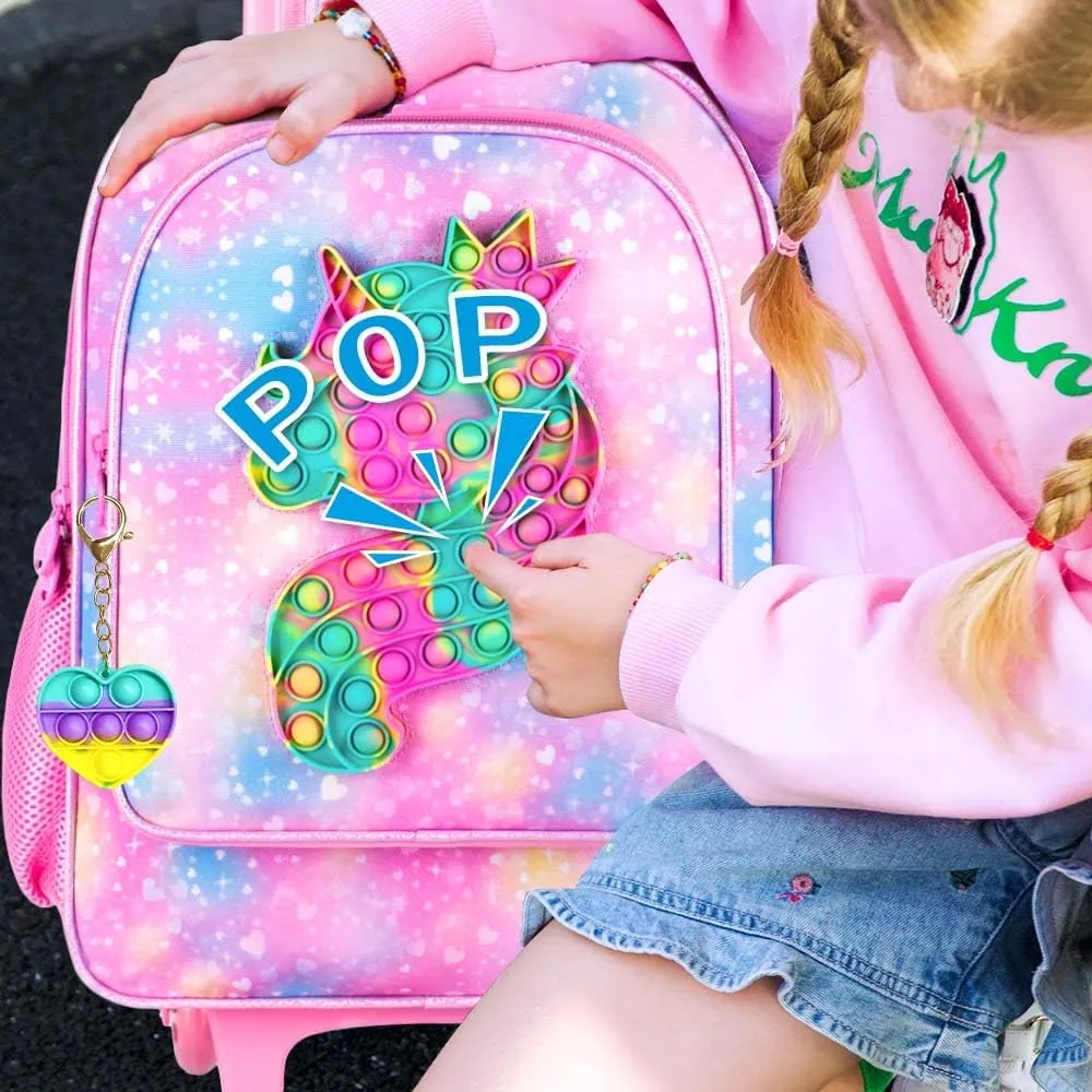 AGSDON 3PCS Rolling Backpack for Girls, Kids Roller Wheels Bookbag, Wheeled School Bag with Lunch Bag - Unicorn Pink