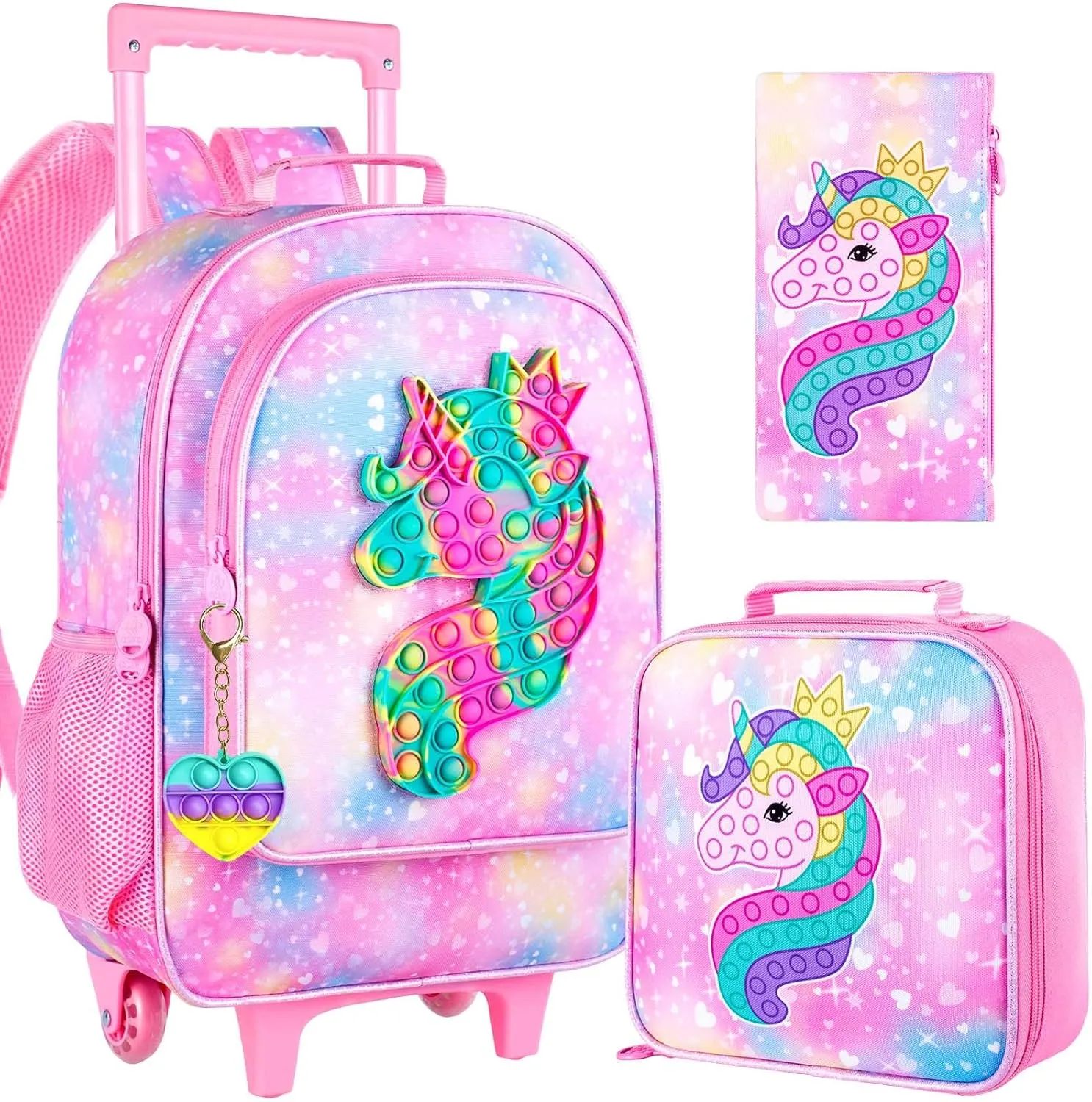 AGSDON 3PCS Rolling Backpack for Girls, Kids Roller Wheels Bookbag, Wheeled School Bag with Lunch Bag - Unicorn Pink