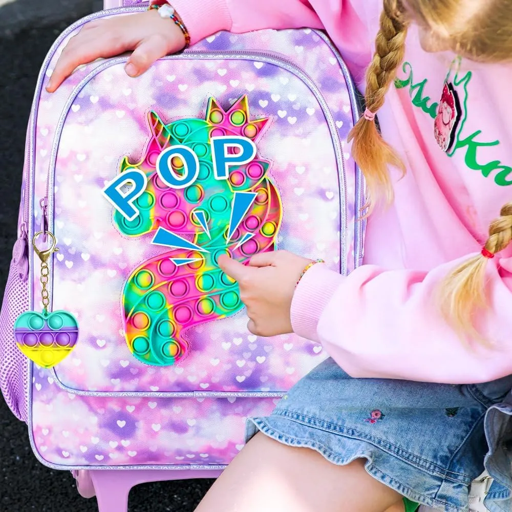 AGSDON 3PCS Rolling Backpack for Girls, Kids Roller Wheels Bookbag, Wheeled School Bag with Lunch Bag - Unicorn Purple