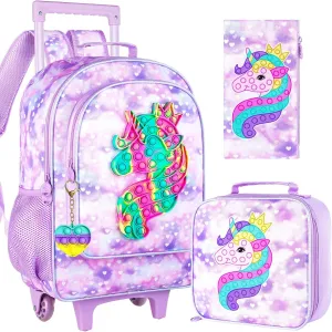 AGSDON 3PCS Rolling Backpack for Girls, Kids Roller Wheels Bookbag, Wheeled School Bag with Lunch Bag - Unicorn Purple