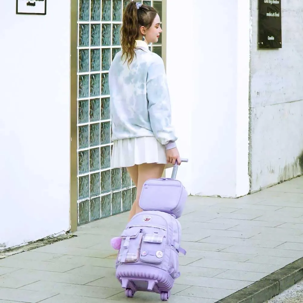 AGSDON Rolling Backpack for Girls, 21" Women Roller Wheels Bookbag, Laptop Wheeled Suitcase School Backpacks with Lunch Bag for Teens