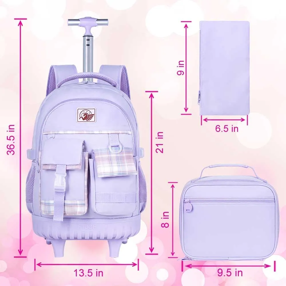 AGSDON Rolling Backpack for Girls, 21" Women Roller Wheels Bookbag, Laptop Wheeled Suitcase School Backpacks with Lunch Bag for Teens