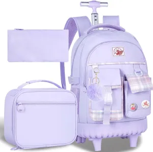 AGSDON Rolling Backpack for Girls, 21" Women Roller Wheels Bookbag, Laptop Wheeled Suitcase School Backpacks with Lunch Bag for Teens
