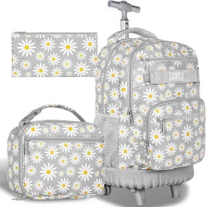 AGSDON Rolling Backpack for Girls, Women Roller Wheels Bookbag, Laptop Daisy Wheeled School Bag with Wheels for Teens