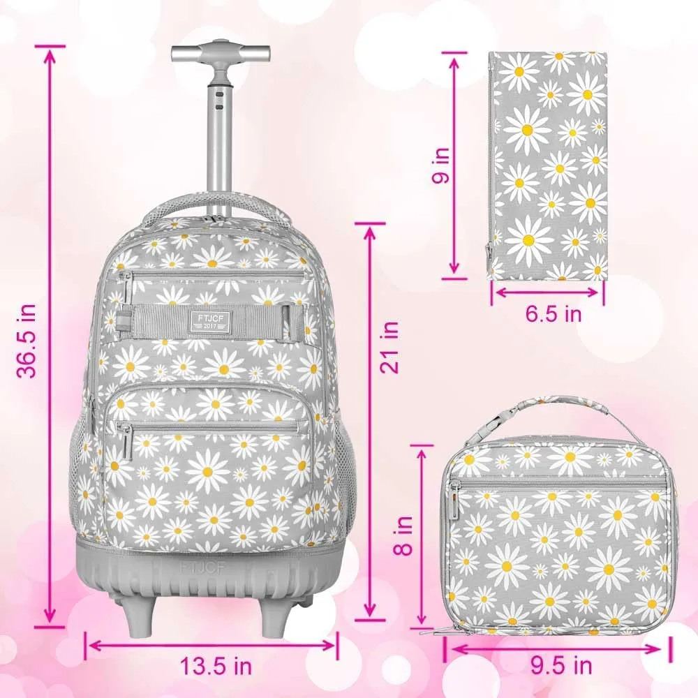 AGSDON Rolling Backpack for Girls, Women Roller Wheels Bookbag, Laptop Daisy Wheeled School Bag with Wheels for Teens