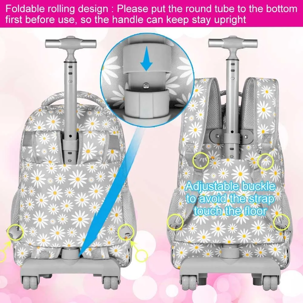 AGSDON Rolling Backpack for Girls, Women Roller Wheels Bookbag, Laptop Daisy Wheeled School Bag with Wheels for Teens