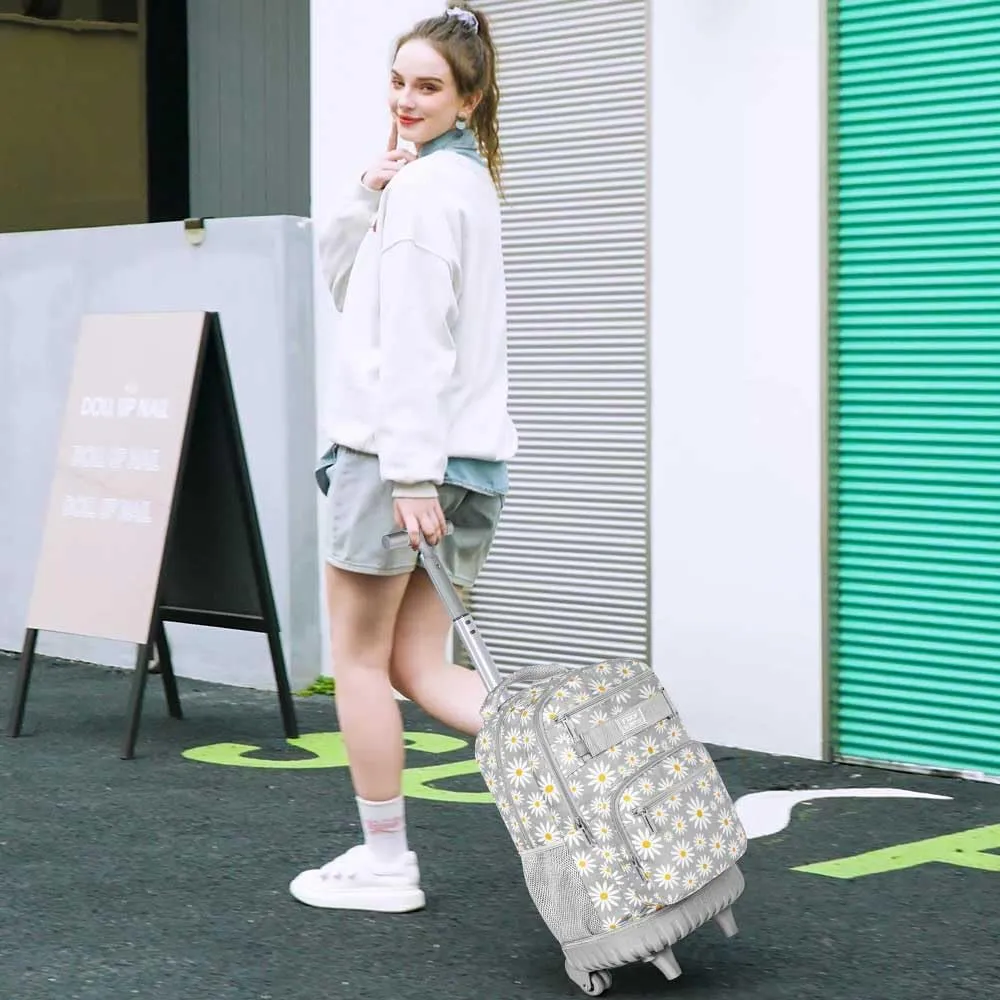 AGSDON Rolling Backpack for Girls, Women Roller Wheels Bookbag, Laptop Daisy Wheeled School Bag with Wheels for Teens